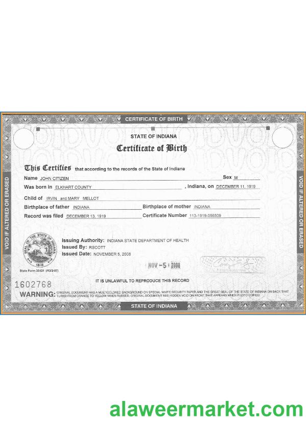 USA Indiana certificate of birth